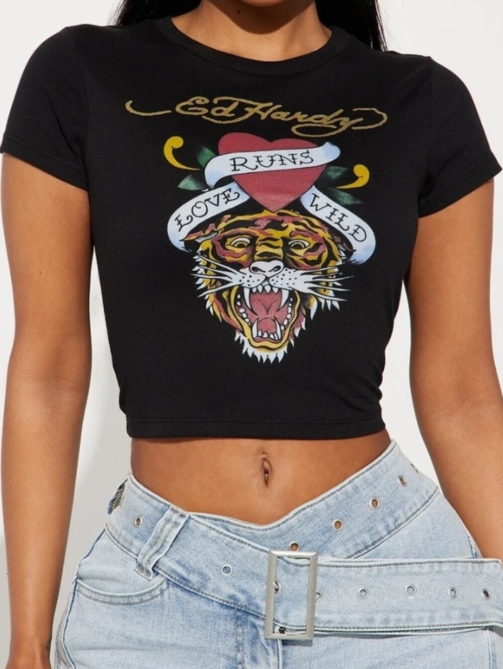 Ed Hardy Black Crop Tee with Multicolor Tiger Heart Graphic